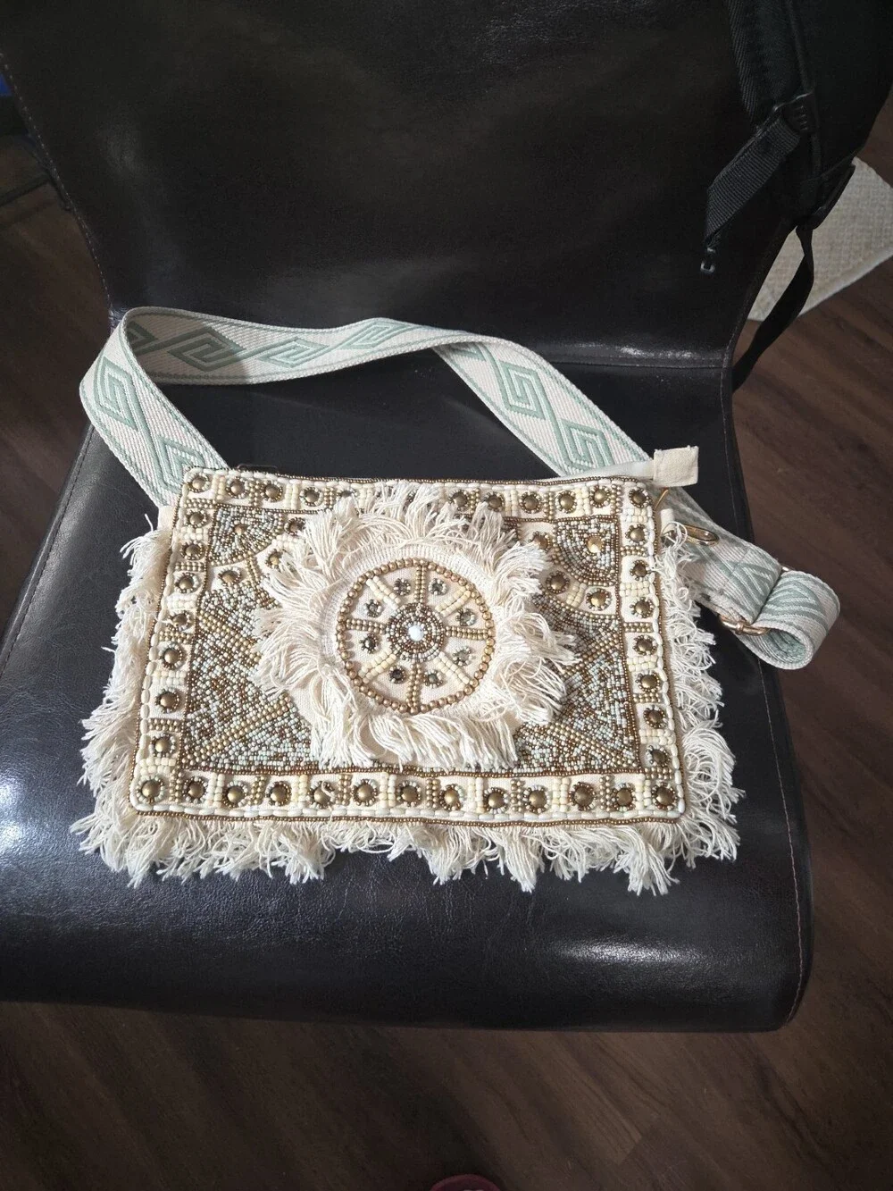 Boho Beaded Fringe Crossbody Bag Cream Gold Pearl - Used